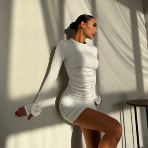 Elegant white slim-fit long-sleeve mini dress with 3D rose detail and pleated fabric