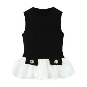 Women Peplum Tank Top Knit Patchwork Black White Contrast Ruffled Hem Golden Rose Buttons Sleeveless Slim Fit