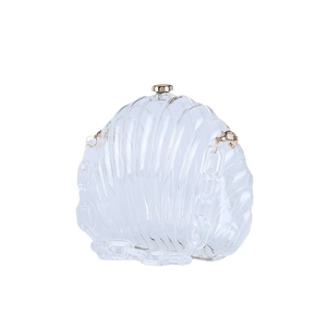 Elegante transparente Acryl-Abendtasche in Muschelform mit Goldverschluss und Kette