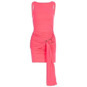 Detail of rose pink slim fit dress with waist ruching, metal buckle and long streamers