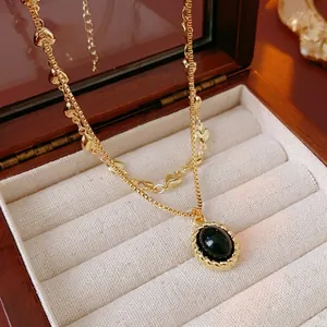 Layered Necklace Vintage Gold Plated Copper Heart Link Chain Oval Black Resin Gemstone Pendant Elegant Jewelry For Women Fashion