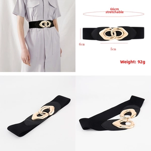 Detail of black elastic waist belt with interlocking gold buckle and size specifications