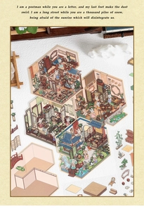 Macro shot of 3D miniature courtyard stickers featuring vintage architecture and rabbits