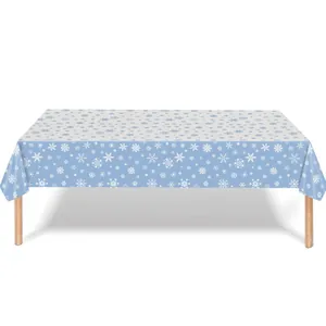Blue rectangular waterproof tablecloth with white snowflake patterns for Christmas party