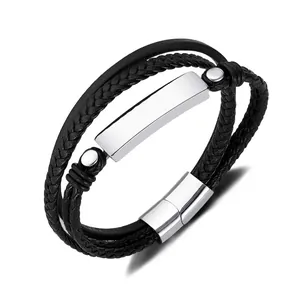 Men Multi-layer Woven Leather Bracelet With Stainless Steel Metal Plate Magnetic Clasp Vintage Casual Bangle