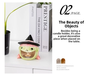 Detail of cute green ceramic witch tealight candle holder for Halloween desk decor