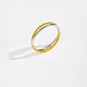 Anello a doppio strato in argento S925 con perline dorate e fascia lucida