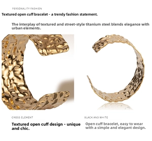 Detail view of gold titanium open cuff bracelet featuring unique hammered texture and metallic shine