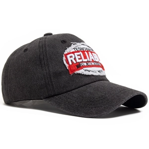 Vintage dark grey washed cotton baseball cap with retro Reliable embroidery and distressed details