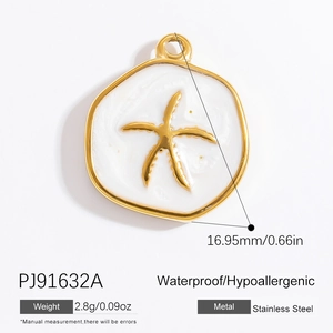 Detail showing 16.95mm stainless steel starfish pendant with gold edge and white enamel
