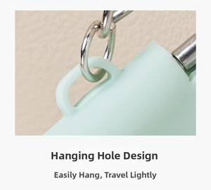 Macro detail of mint green silicone pouch featuring a durable integrated hanging hole