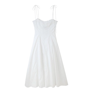 White Maxi Dress Spaghetti Strap Tie Shoulder Ruffle Neckline High Waist A-Line Swing Long Polyester Elegant Summer Women
