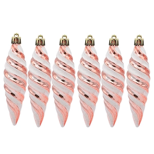Close-up of spiral rose gold Christmas ornaments with white glitter stripes set of 6