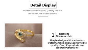 Detail of gold plated evil eye ring with blue stones and sparkling white zircons