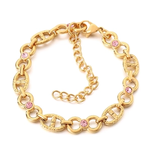 Golden chain bracelet with pink zircon stone and 8mm link design for women