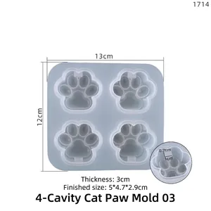 Detailed view of translucent cat paw silicone mold with specific dimensions and thickness