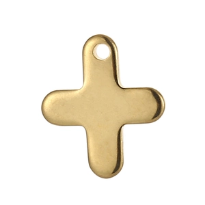 Detailed close-up of a polished gold stainless steel cross pendant with a linking ring