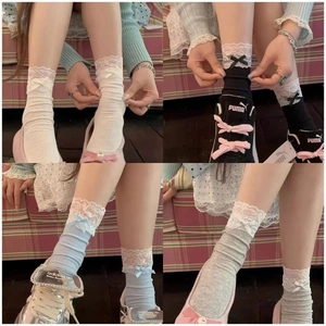 Chaussettes Mi-Mollet En Coton Pour Femmes Avec Bordure En Dentelle Et Nœud Papillon Doux Lolita Balletcore Tricot