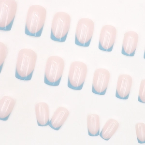 Blue French tip square press-on nails set with elegant nude pink base for women DIY