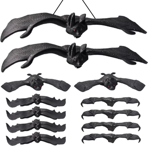 Set of 12 black rubber bats for Halloween decor with hanging strings in various sizes