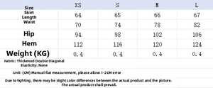 Detailed size chart for blazer and pleated skirt set including waist and length data