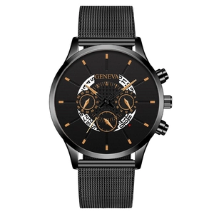 Fashionable men's black quartz watch with rose gold markers and steel mesh strap