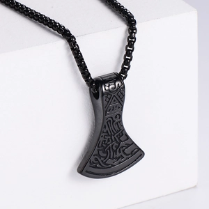 Nordic Viking axe pendant in black stainless steel with Celtic knot engravings on chain