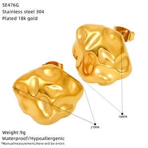 Detail view of 18k gold plated stainless steel hammered earrings with size dimensions