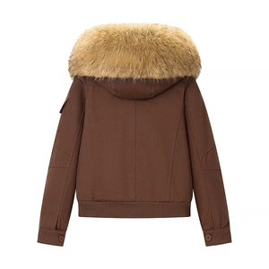 Chaqueta corta vintage marrón para mujer con cuello de piel grande vista posterior