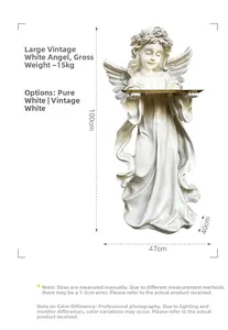 Detailed view of vintage angel floor ornament with gold tray holding 100cm height