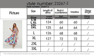 Detailed size chart for the floral print summer dress showing length and bust measurements