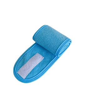 Blue microfiber face wash headband with magic sticker closure for skincare and makeup
