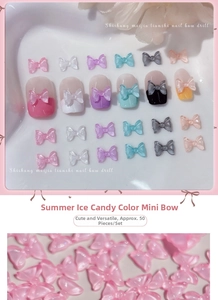 Detail of 50pcs translucent resin bow nail charms in various candy colors for manicure