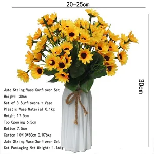 Close-up detail of artificial sunflower bouquet in white plastic vase with twine decor