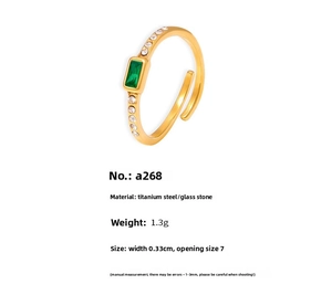 Macro shot of 18k gold plated stainless steel ring with rectangular green glass stone