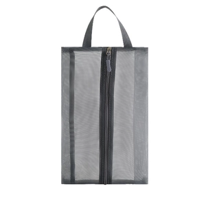 Portable dark grey mesh travel shoe bag with vertical zipper and convenient top handle