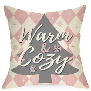 Pink and grey Christmas pillow cover with snowflake patterns and Warm & Cozy text