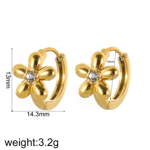 Golden flower hoop earrings with zircon studs and dimensional measurements