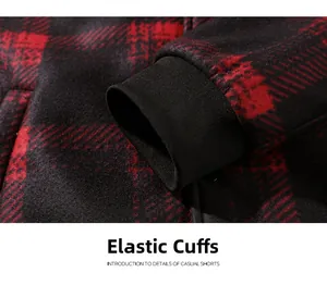 Detail of red and black plaid jacket showing elastic ribbed cuffs for warmth