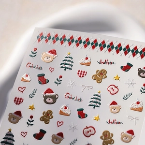 Autocollants ongles Noël 3D avec motifs d'ours, de sapins et de bonshommes de pain d'épices