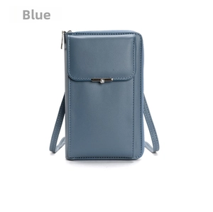 Detailed view of gray-blue crossbody phone bag featuring pearl metal decoration and zipper