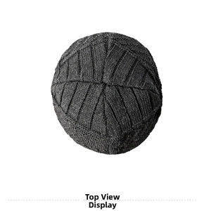 Top view detail of dark grey knitted beanie showing thick ribbed texture and stitching