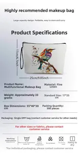 Detailed view of the linen makeup bag with Kingfisher print and size 17x25cm dimensions