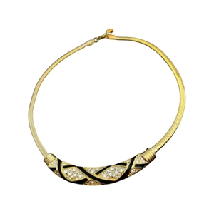 Vintage Goldene Schlangenkette Choker mit schwarzem Emaille und weißen Kristallen
