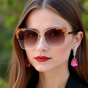 Close-up of fashion cat-eye sunglasses with orange crystals and gold metal frame