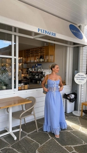 Detail of light blue tiered maxi dress featuring spaghetti straps and drawstring chest design