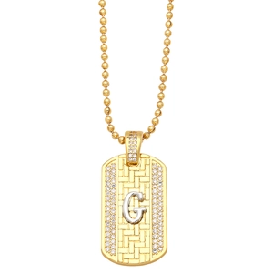 Macro detail of gold rectangle pendant necklace with crystal inlaid letter G and bead chain