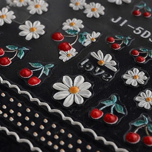 5D embossed nail stickers with white daisies and red cherries design, JI-5D model
