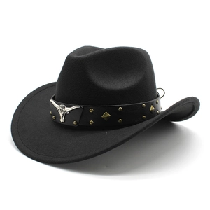 Western Cowboy Hat Vintage Felt Fedora With Leather Band Metal Bull Head Rivets Wide Brim Jazz Cap For Men Women