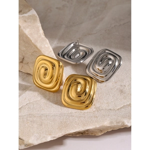 Modern 18k gold plated stainless steel square earrings with spiral water ripple texture